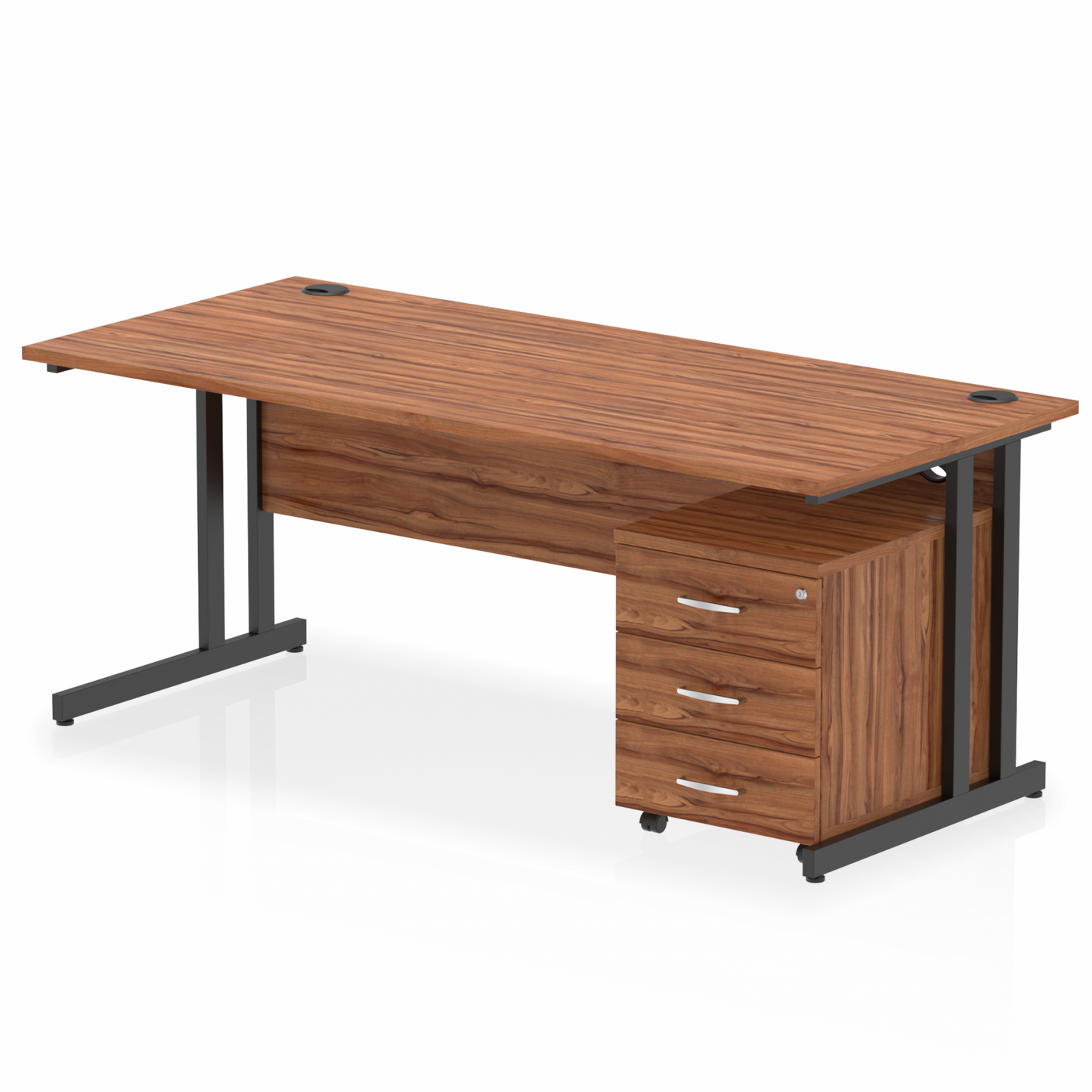 Impulse 1800mm Straight Desk Walnut Top Black Cantilever Legs & 3 Drawer Pedestal