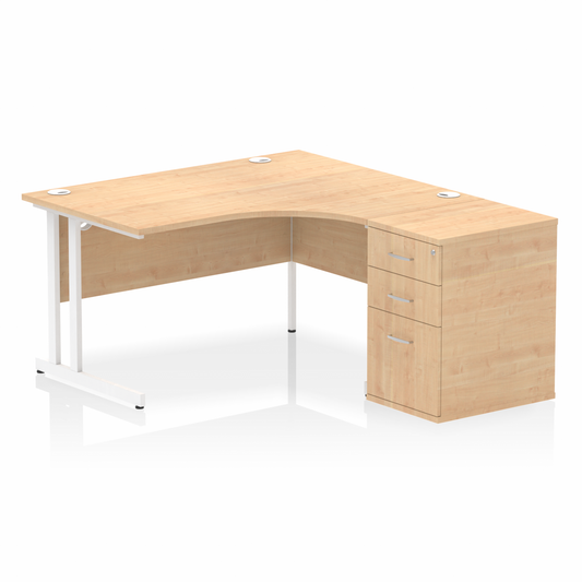 Impulse 1400mm Right Hand Curved Desk Maple, White Cantilver Legs inc 3 Drawer Desk High Pedestal Ref I004259 OE