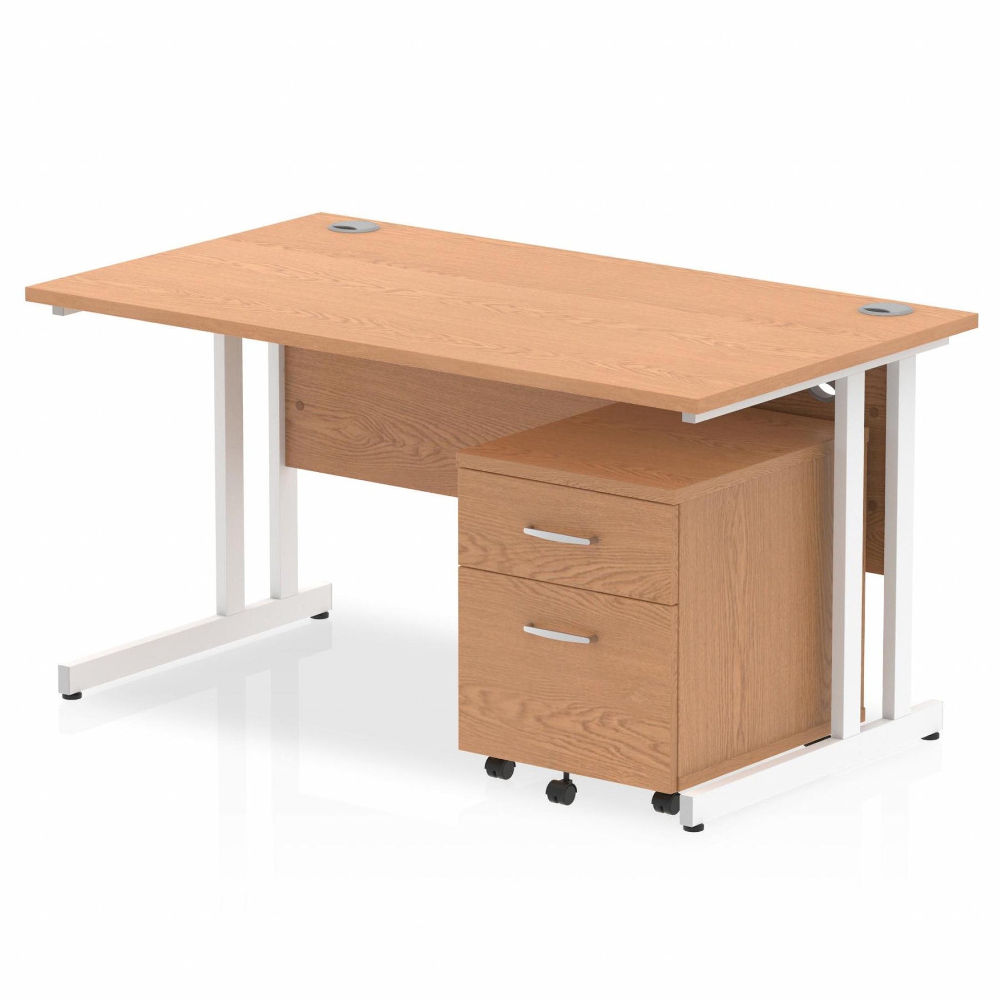 Oak straight desk with drawers on a white background