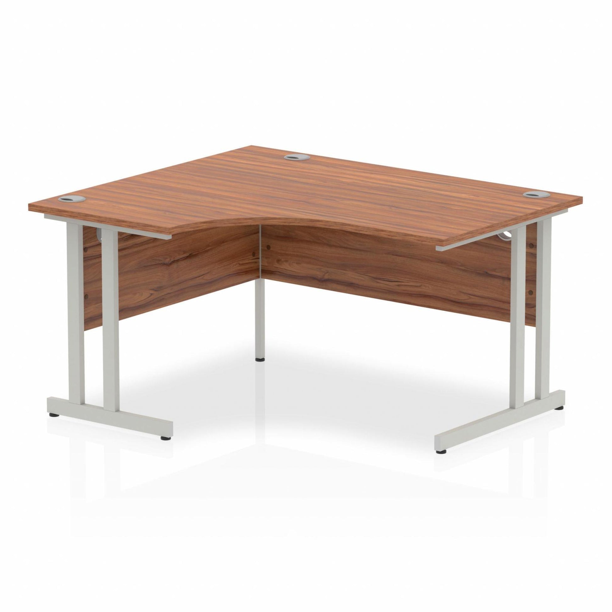 Walnut L-shaped desk with drawers on a white background