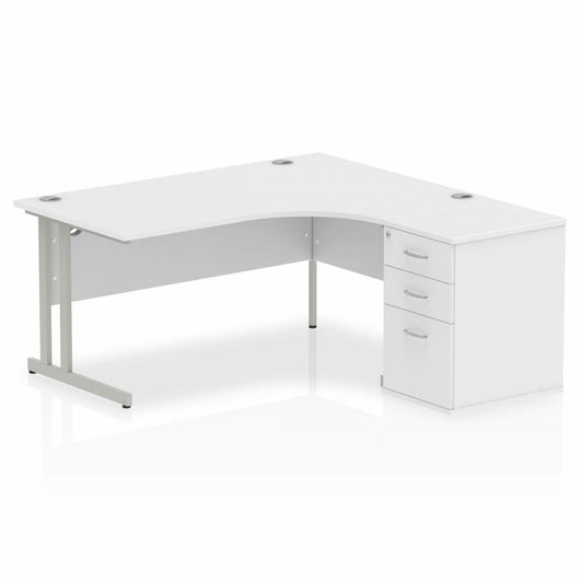 Impulse 1600mm Right Hand Curved Desk White Silver Cantilver Legs inc 3 Drawer Desk High Pedestal Ref I000550 OE