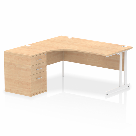 Impulse 1600mm Left Hand Curved Desk Maple, White Cantilver Legs inc 3 Drawer Desk High Pedestal Ref I004082 OE