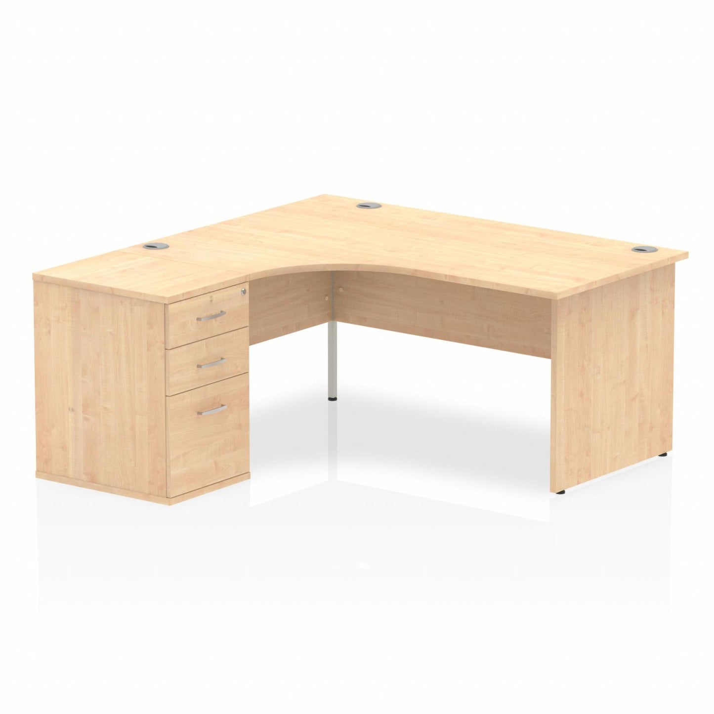 Maple L-shaped desk with drawers on a white background