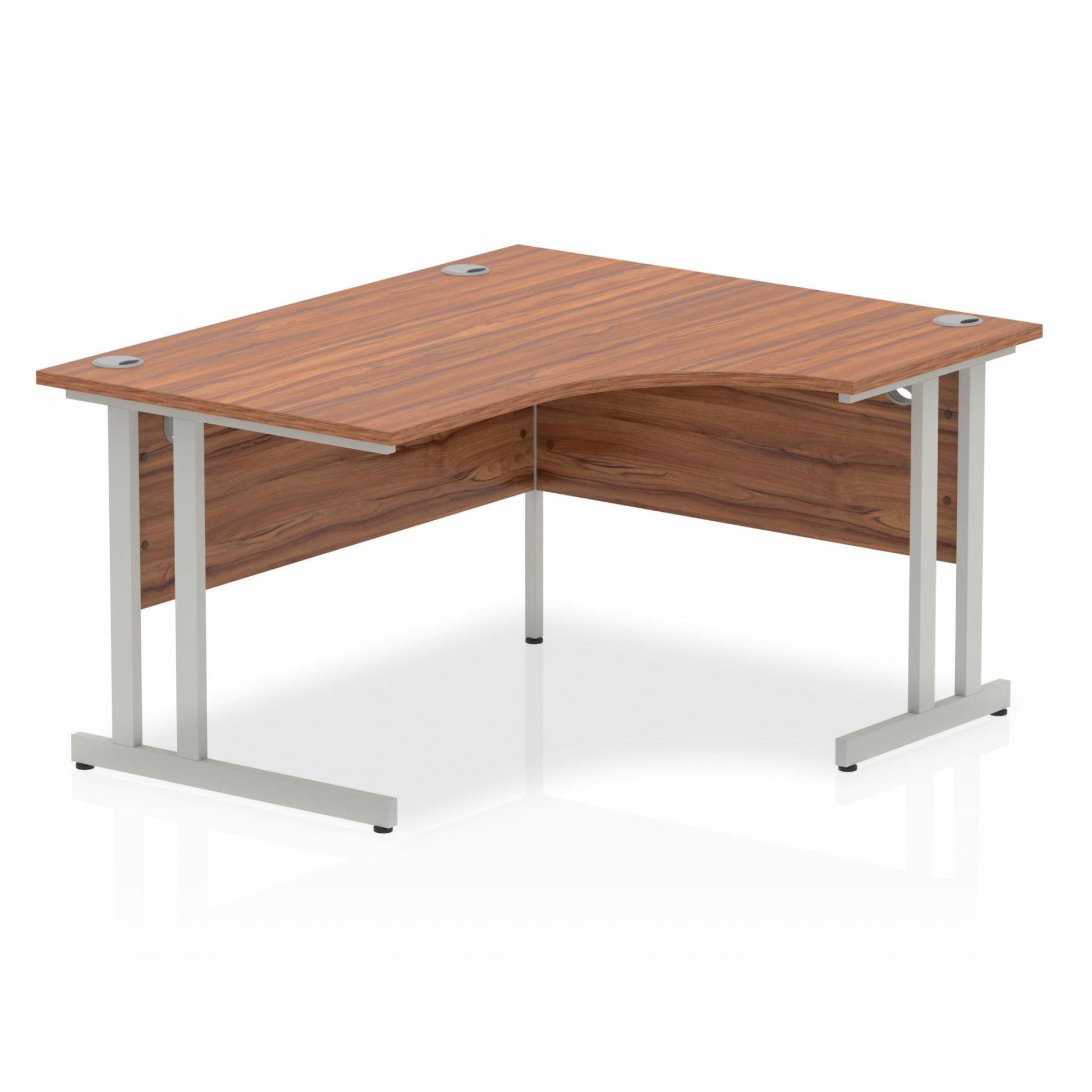 Walnut L-shaped desk with drawers on a white background