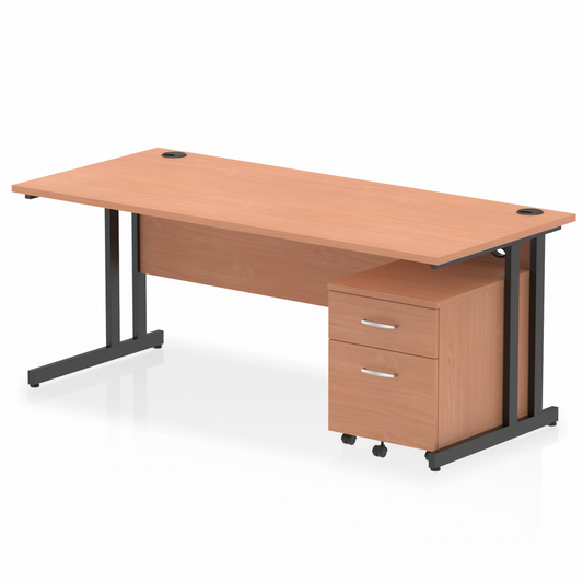 Impulse 1800x800mm Straight Desk, Beech Top with Black Cantilever Legs inc 2 Drawer Mobile Pedestal