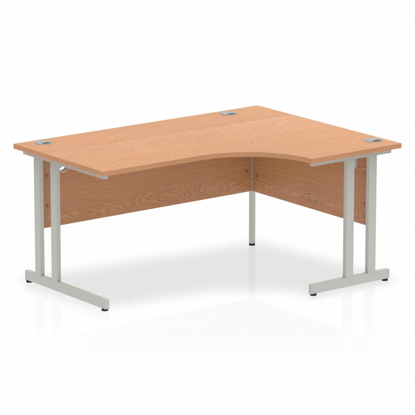 Oak L-shaped desk with drawers on a white background