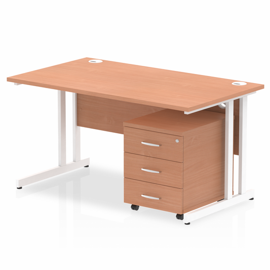 Impulse 1400mm Straight Desk Beech Top White Cantilever Legs & 3 Drawer Pedestal