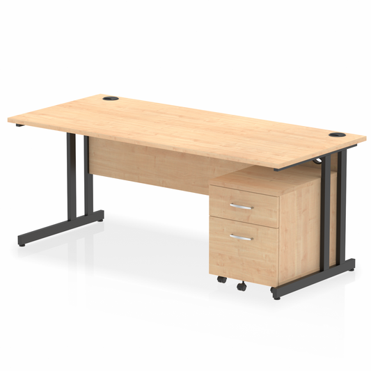 Impulse 1800mm Straight Desk Maple Top Black Cantilever Legs & 2 Drawer Pedestal