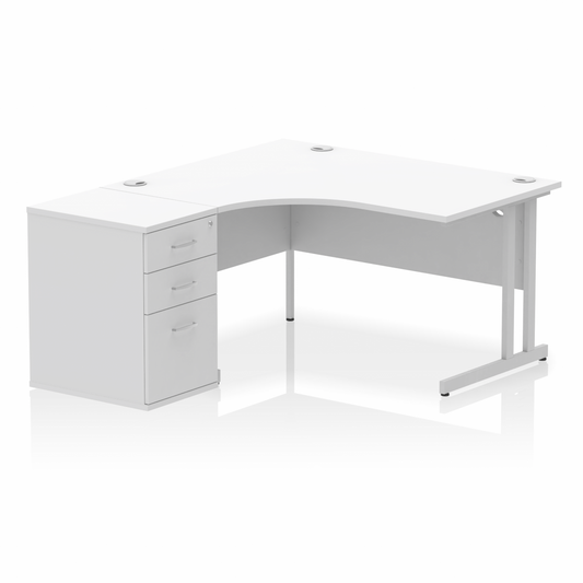 Impulse 1400mm Left Hand Curved Desk White, Silver Cantilver Legs inc 3 Drawer Desk High Pedestal Ref I004244 OE