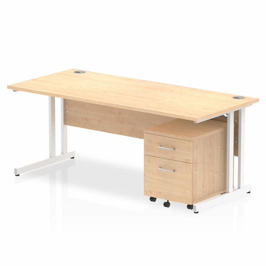 Impulse 1800x800mm Straight Desk, Maple Top with White Cantilever Legs inc 2 Drawer Mobile Pedestal