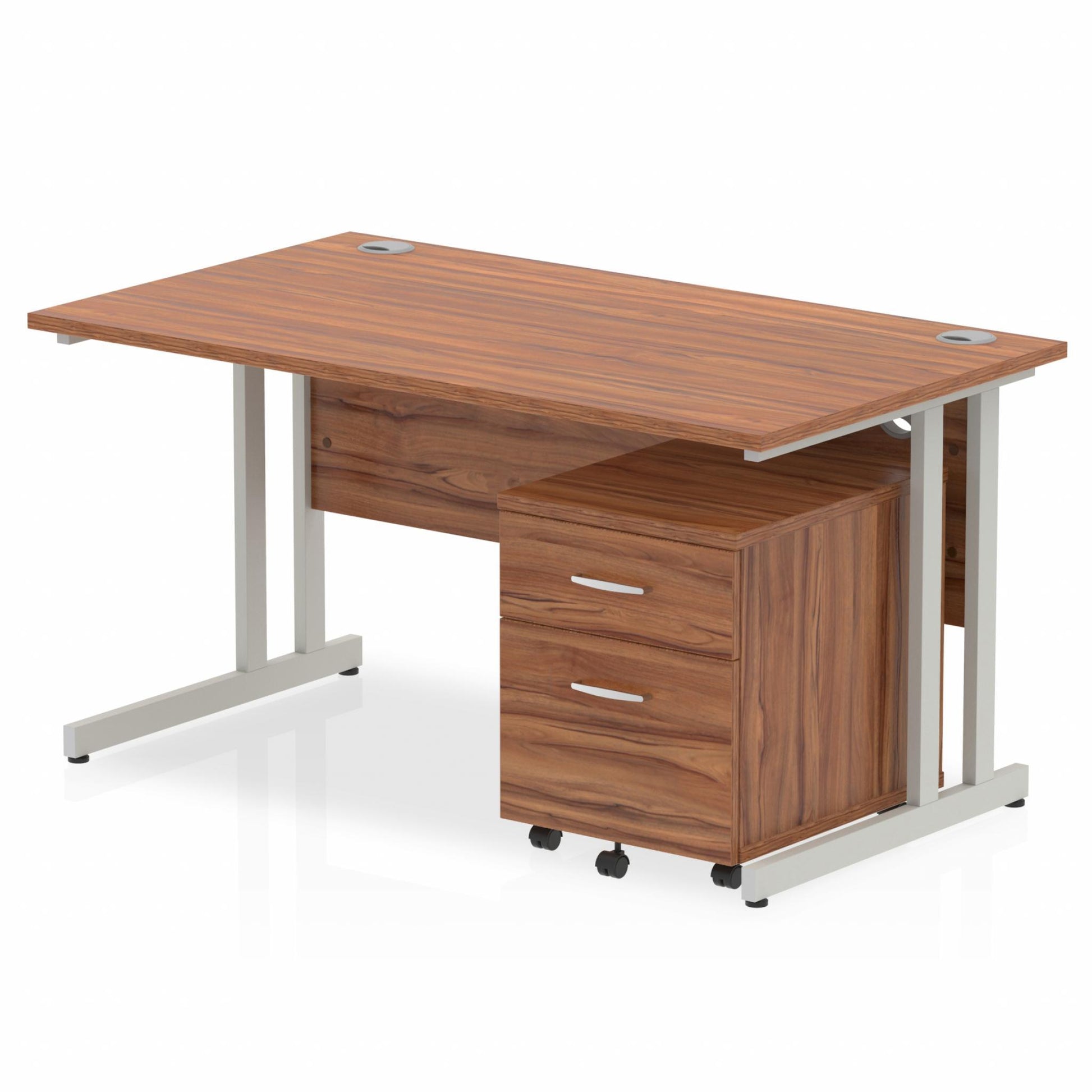 Walnut straight desk with drawers on a white background
