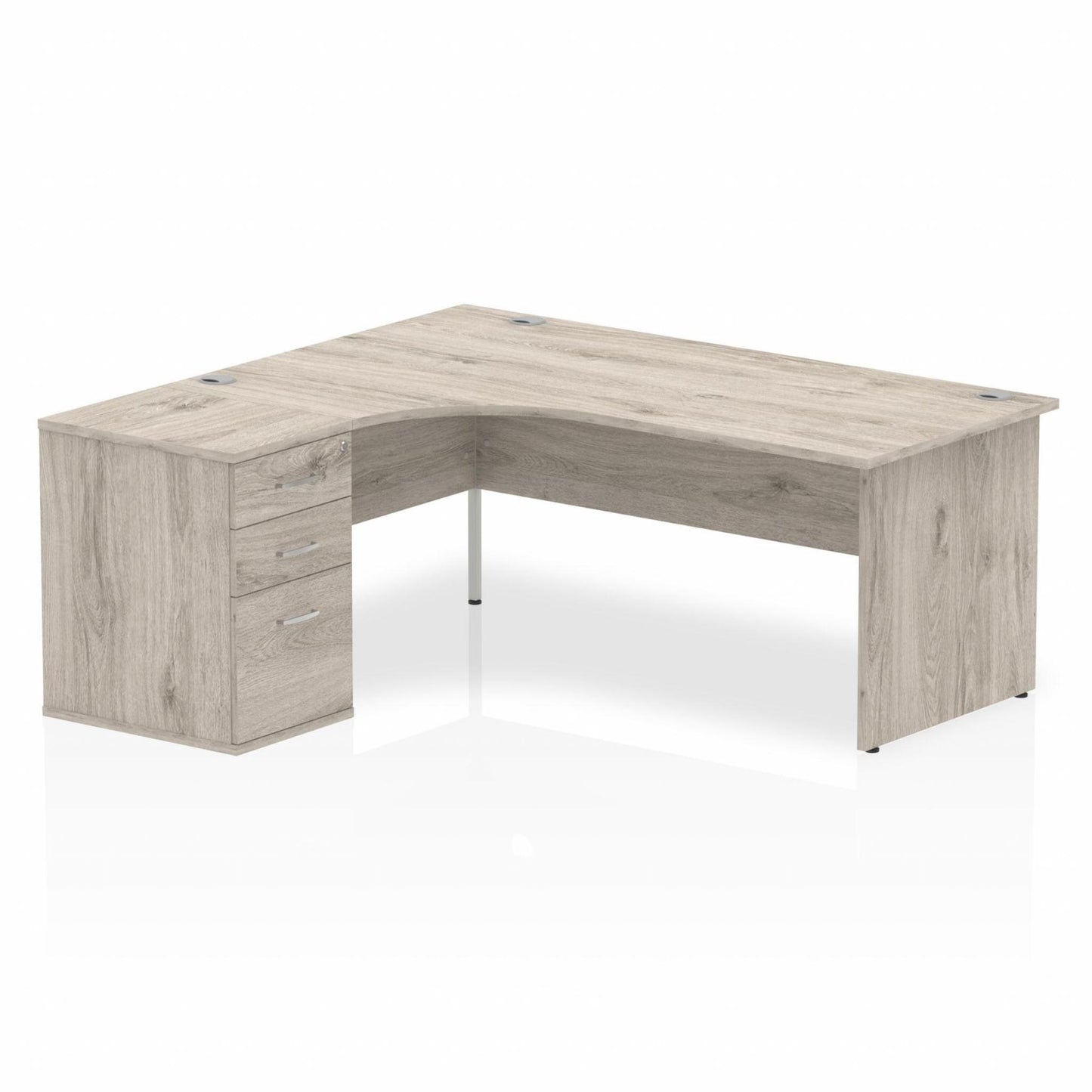 Grey oak L-shaped desk with drawers on a white background