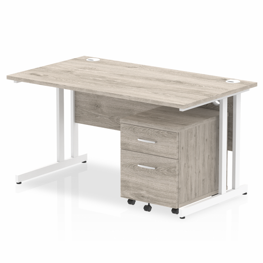 1400mm Straight Desk Grey Oak Top White Cantilever Legs & 2 Drawer Ped D.F.