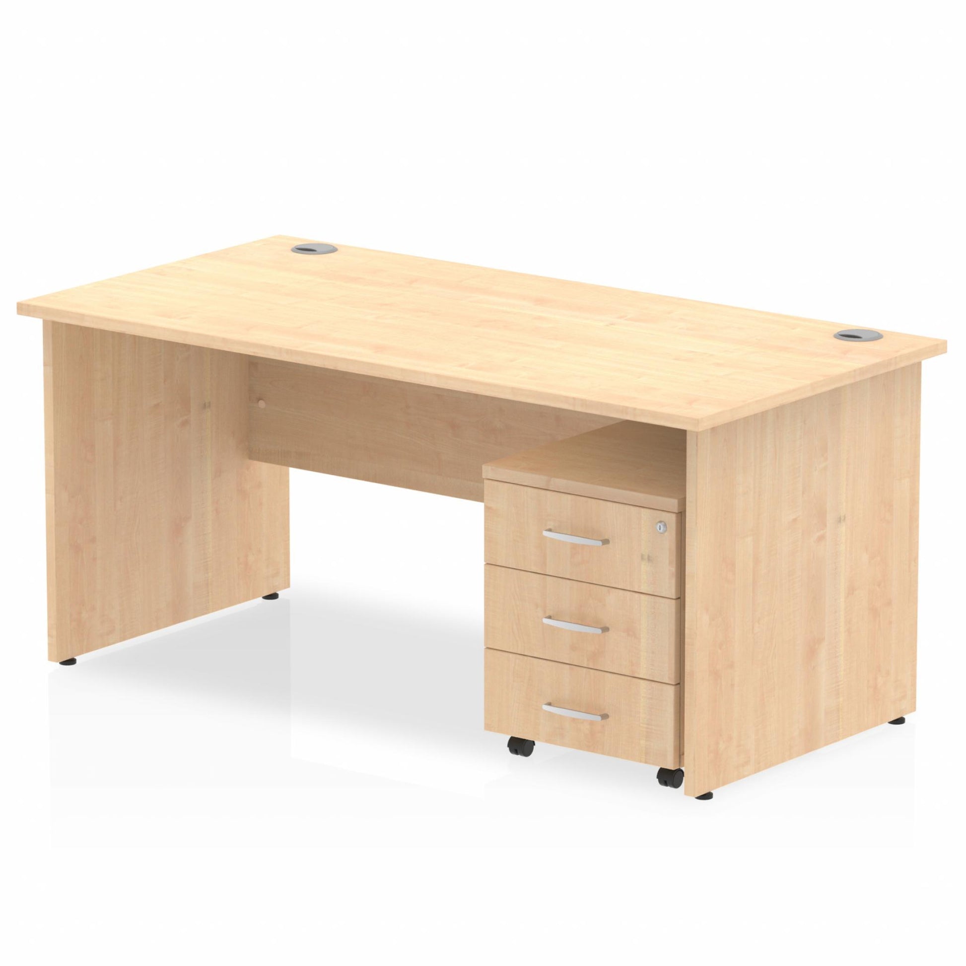 Maple straight desk with drawers on a white background