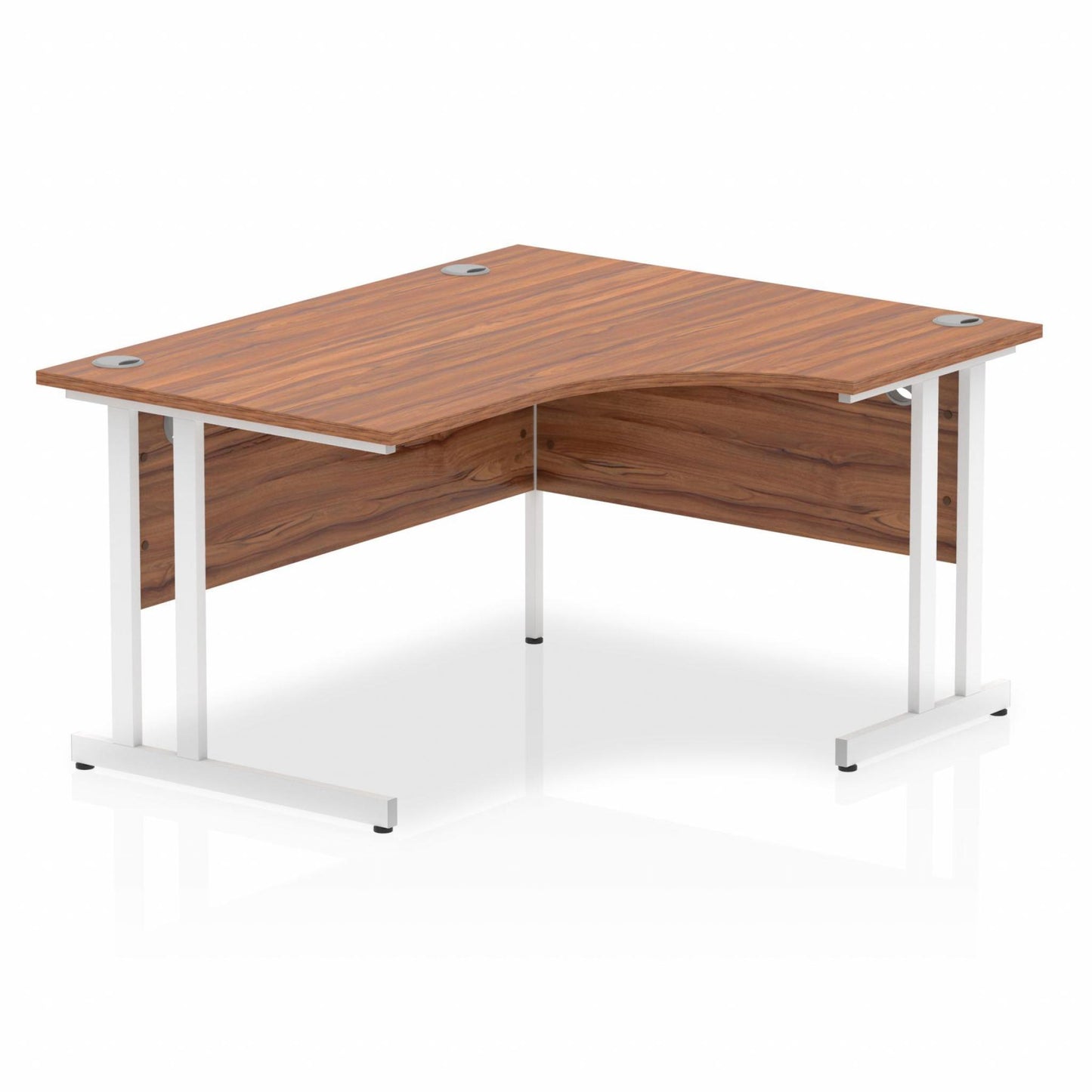 Walnut L-shaped desk with drawers on a white background