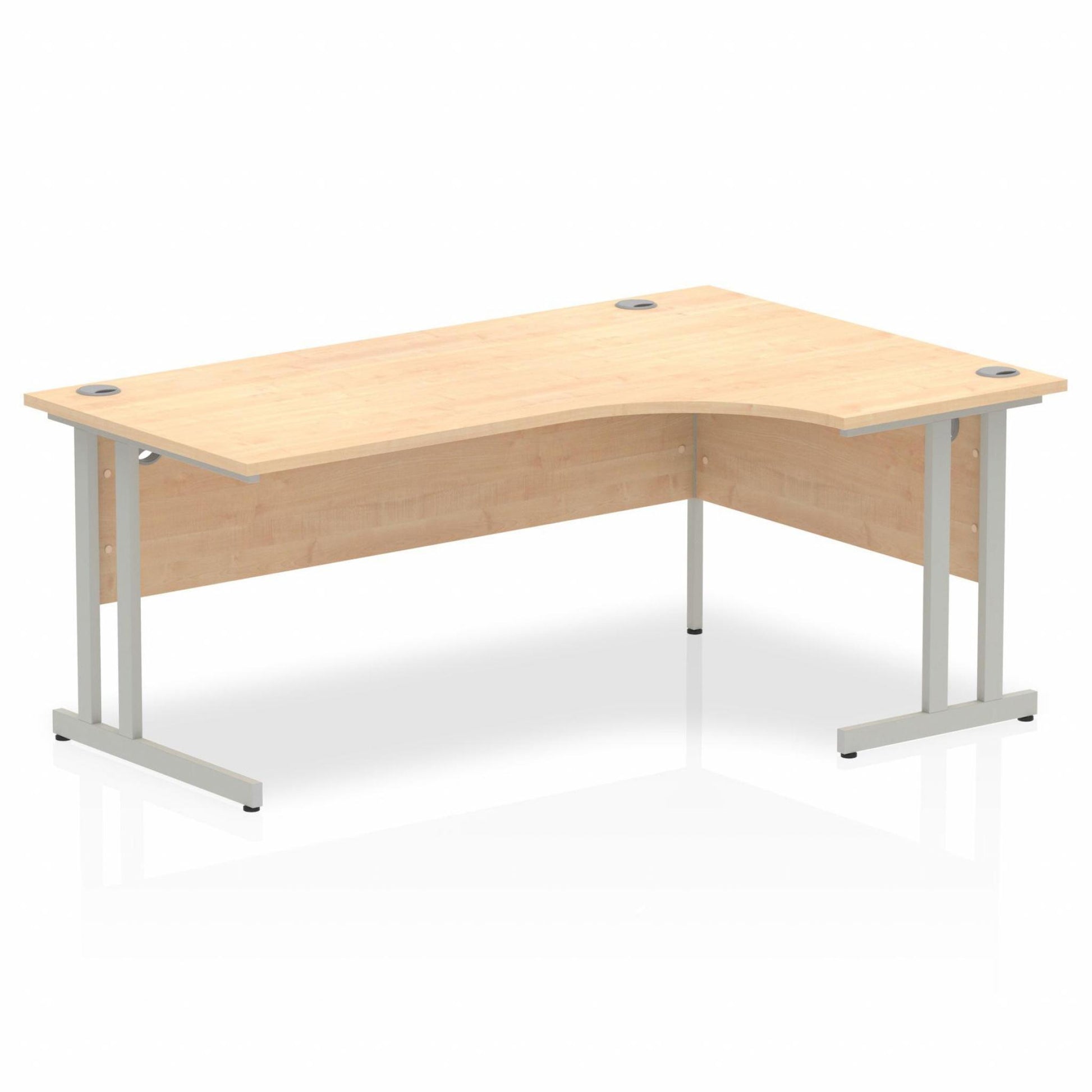 Maple L-shaped desk with drawers on a white background