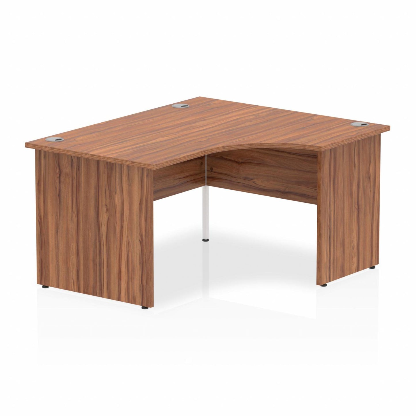 Walnut L-shaped desk with drawers on a white background