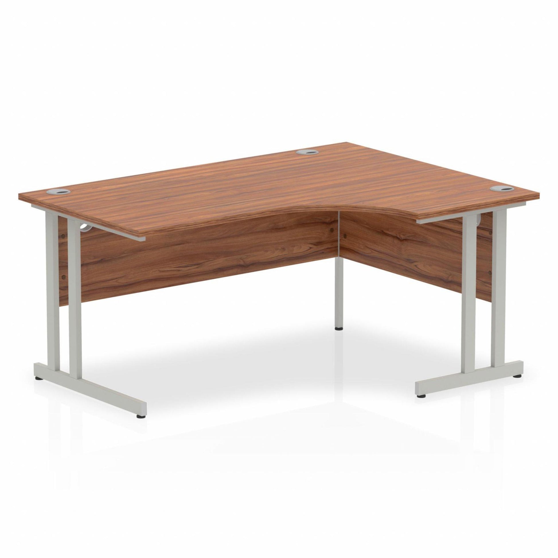 Walnut L-shaped desk with drawers on a white background