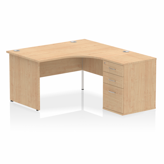 Impulse 1400mm Right Hand Curved Desk Maple, Wooden Panel Legs inc 3 Drawer Desk High Pedestal Ref I000596 OE