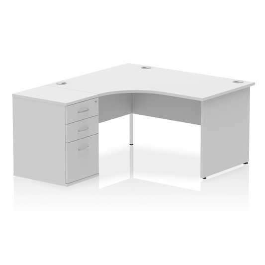 Impulse 1400mm Left Hand Curved Desk White, Wooden Panel Legs inc 3 Drawer Desk High Pedestal Ref I000582 OE