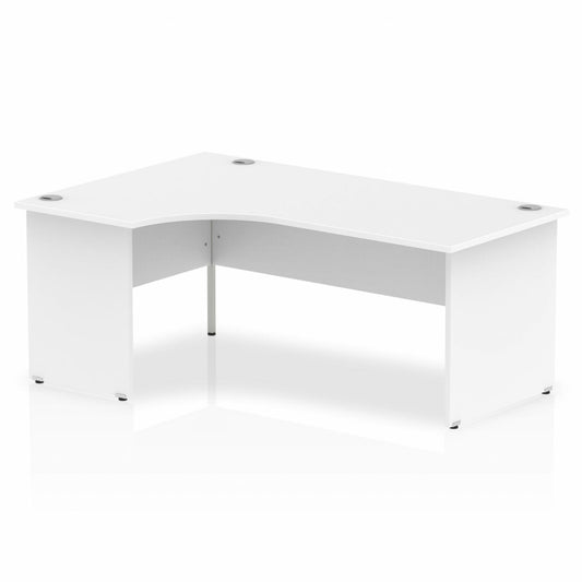 Impulse 1800mm Left Hand Curved Desk, White Top with Wooden Panel Legs