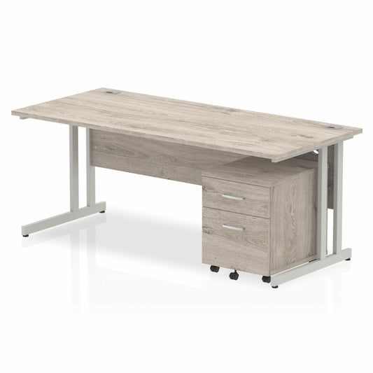 Impulse 1800mm Straight Desk Grey Oak Top Silver Cantilever Legs & 2 Drawer Pedestal