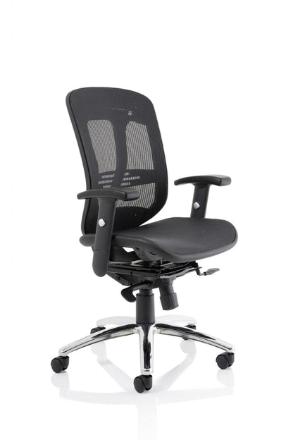 Black office chair with mesh back on a white background