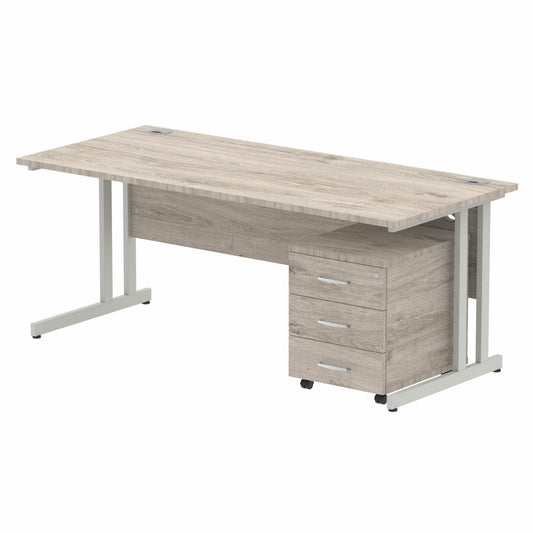 Impulse 1800mm Straight Desk Grey Oak Top Silver Cantilever Legs & 3 Drawer Pedestal