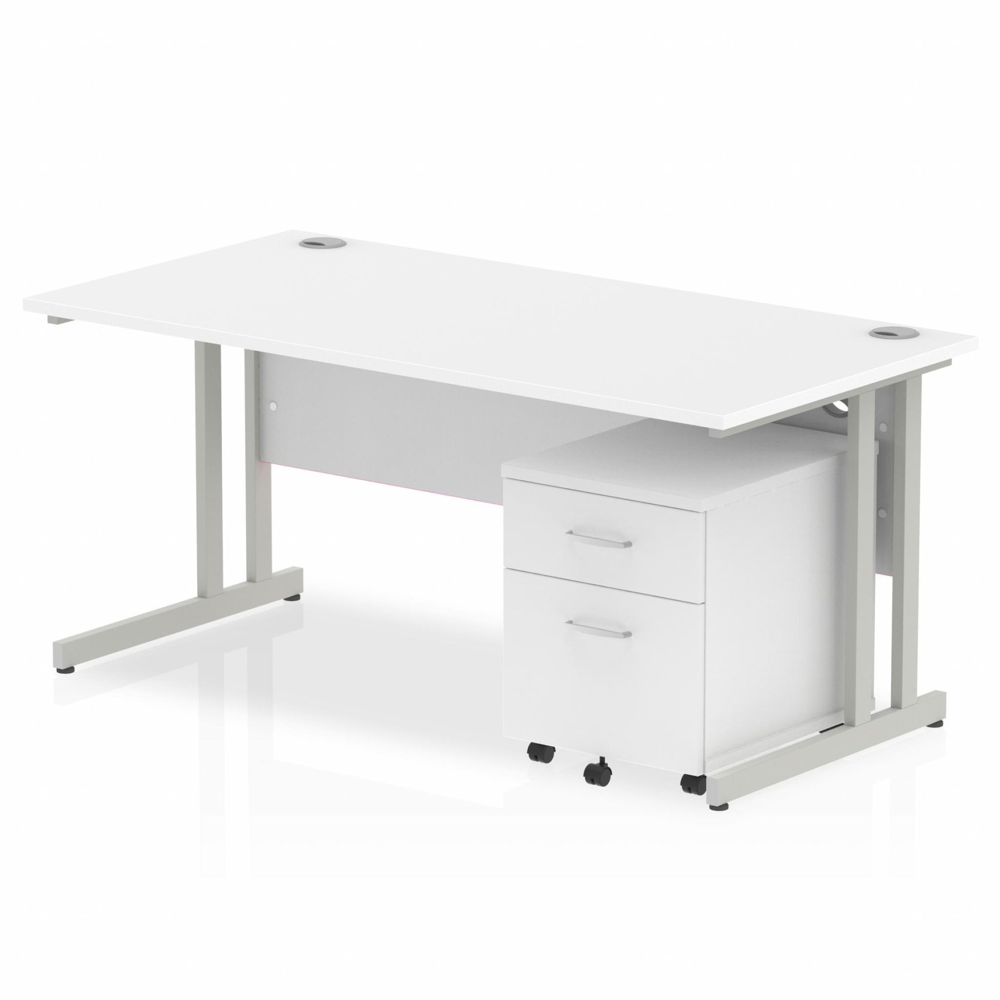 White straight desk with drawers on a white background