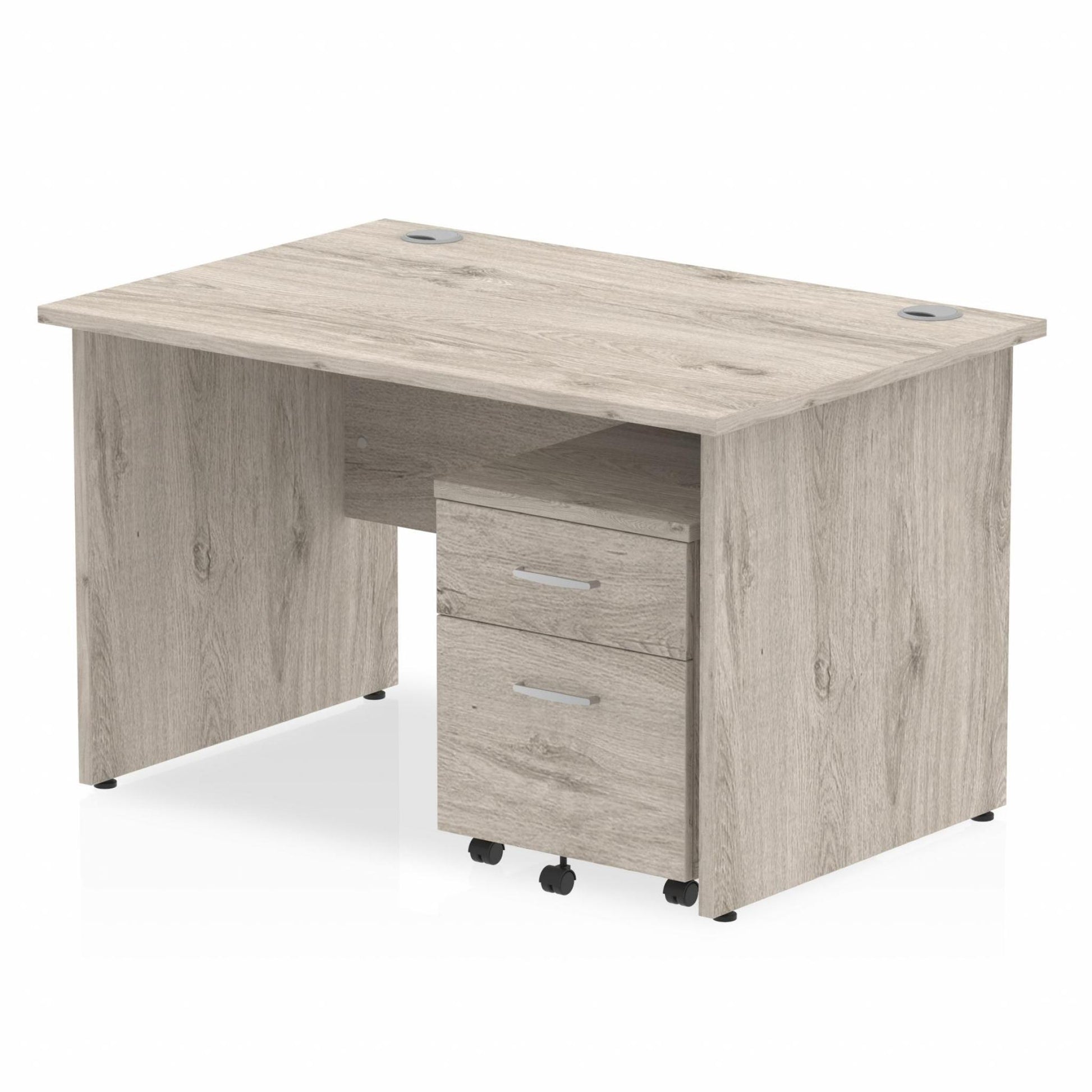 Grey oak straight desk with drawers on a white background
