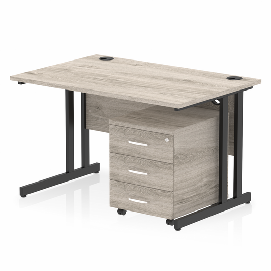 1200mm Straight Desk Grey Oak Top Black Cantilever Legs & 3 Drawer Ped D.F.