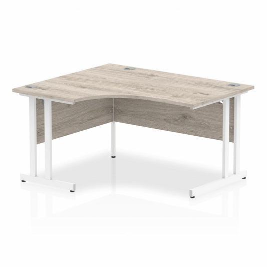 Impulse 1400mm Left Hand Curved Desk, Grey Oak Top with White Cantilever Legs