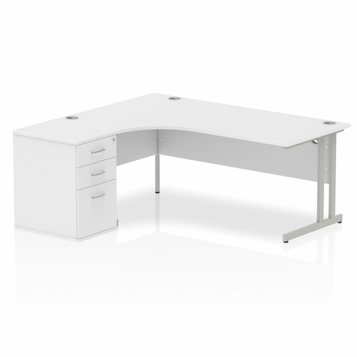 Impulse 1800mm Left Hand Curved Desk, White Top with Silver Cantilver Legs inc 3 Drawer Desk High Pedestal