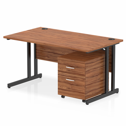 1400mm Straight Desk Walnut Top Black Cantilever Legs & 2 Drawer Ped D.F.