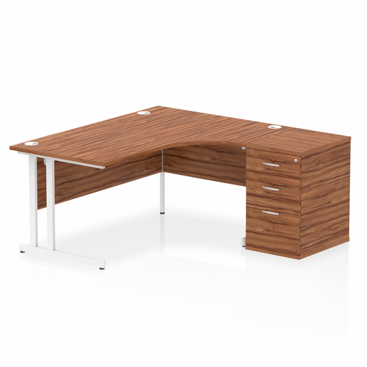 Impulse 1600mm Right Hand Curved Desk Walnut White Cantilver Legs inc 3 Drawer Desk High Pedestal Ref I004110 OE