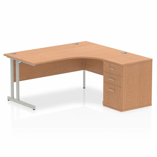 Impulse 1600mm Right Hand Curved Desk, Oak Top with Silver Cantilver Legs inc 3 Drawer Desk High Pedestal