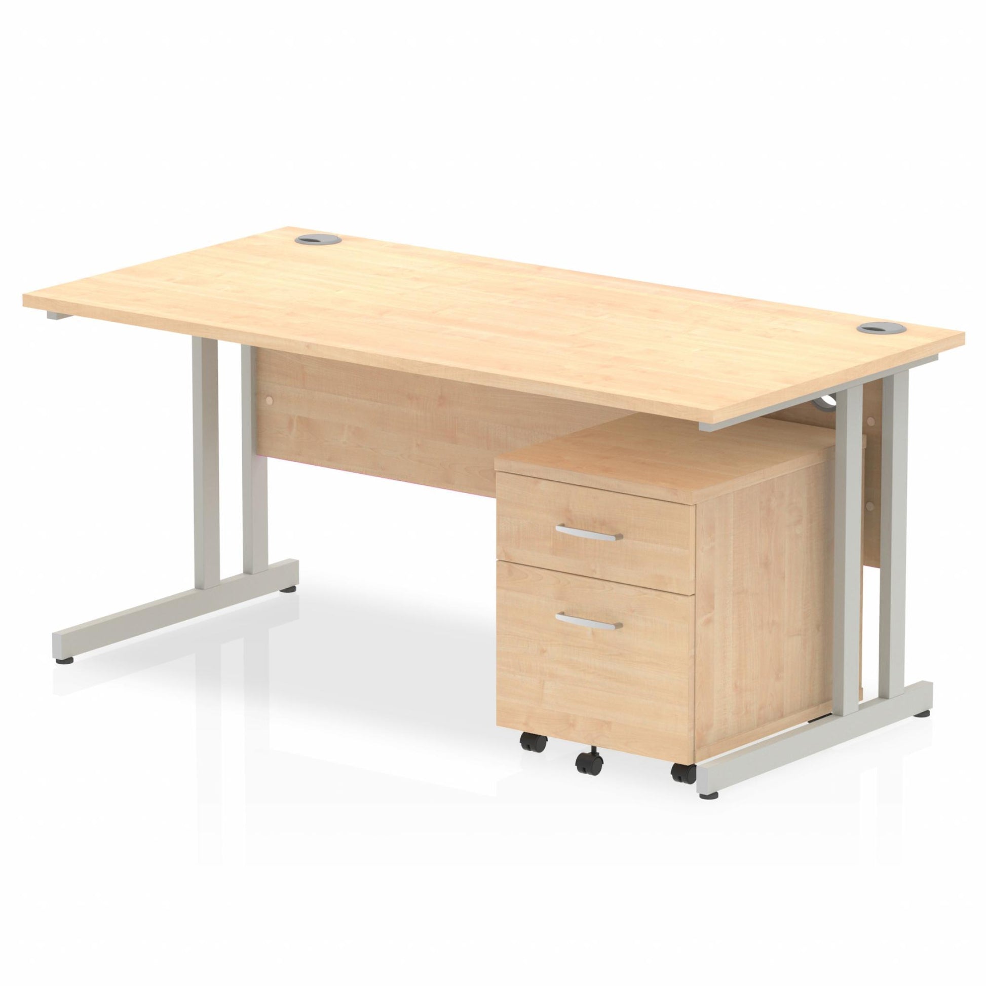 Maple straight desk with drawers on a white background