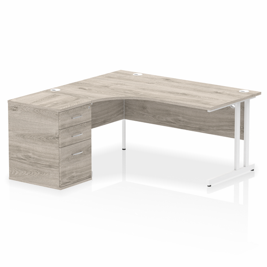 Impulse 1600mm Left Hand Curved Desk Grey, White Cantilver Legs inc 3 Drawer Desk High Pedestal Ref I004078 OE