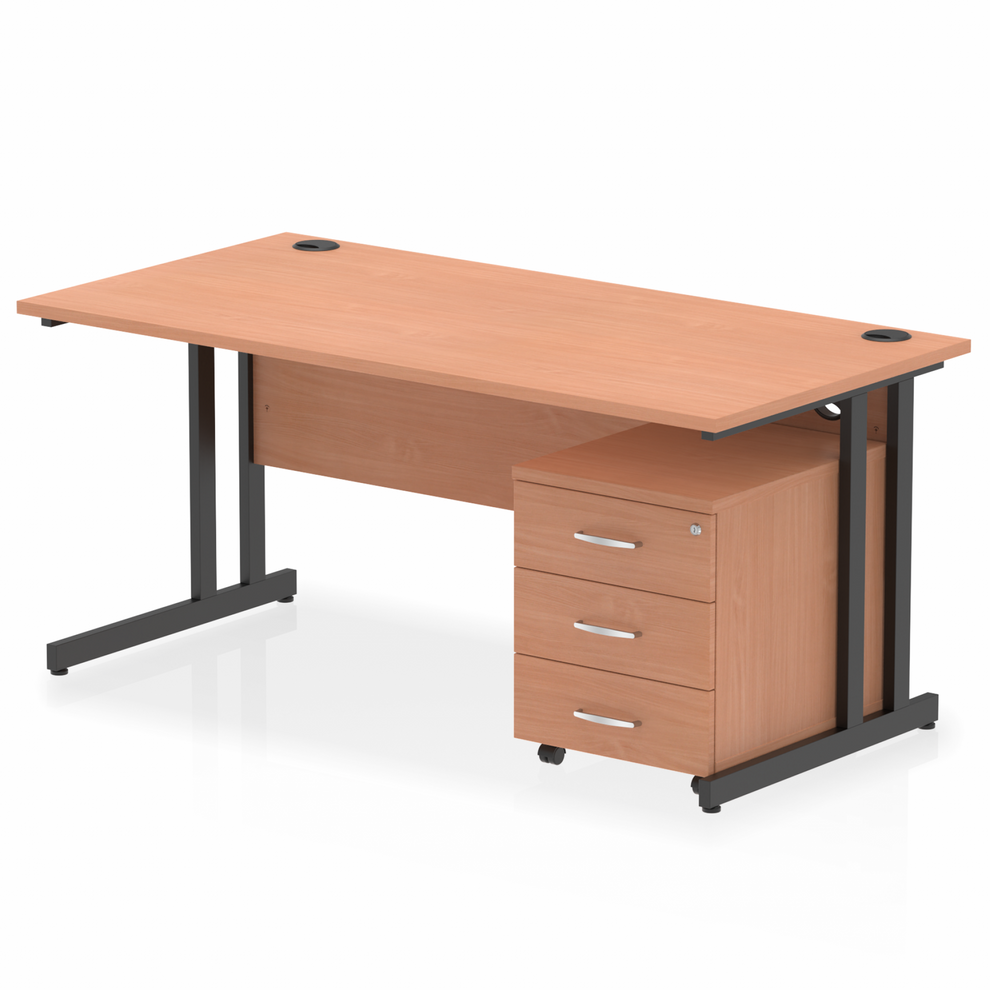 Beech straight desk with drawers on a white background