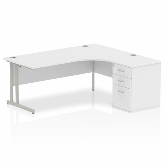 Impulse 1800mm Right Hand Curved Desk White Silver Cantilver Legs inc 3 Drawer Desk High Pedestal Ref I000554 OE