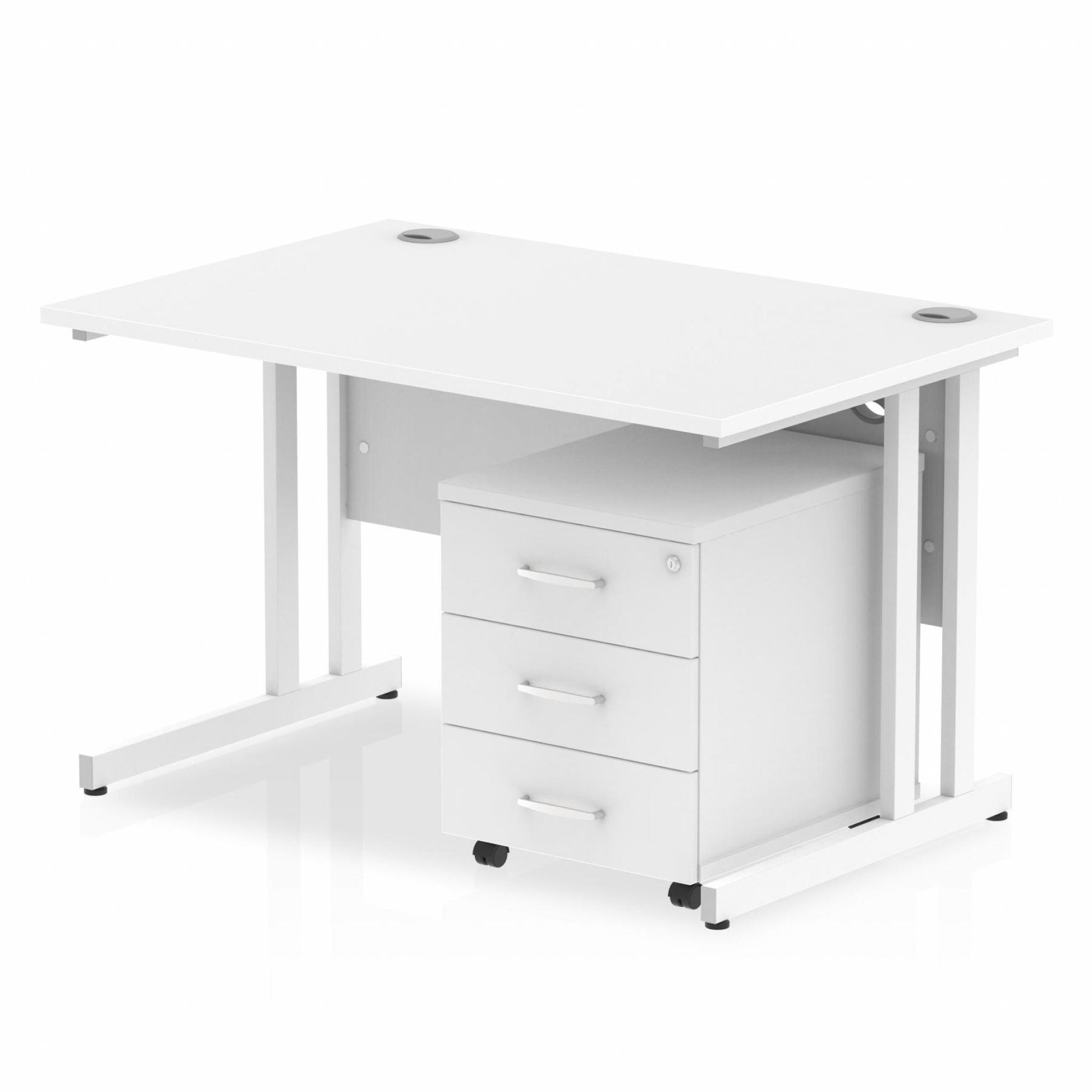 White straight desk with drawers on a white background