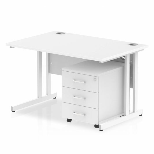 Impulse 1200x800mm Straight Desk, White Top with White Cantilever Legs inc 3 Drawer Mobile Pedestal