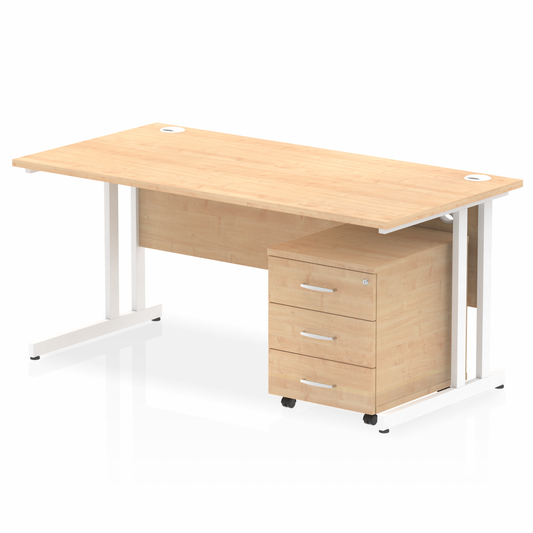 Impulse 1600mm Straight Desk Maple Top White Cantilever Legs & 3 Drawer Pedestal