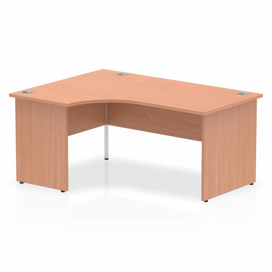 Impulse 1600mm Left Hand Curved Desk, Beech Top with Wooden Panel Legs