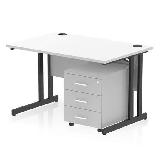 Impulse 1200mm Straight Desk White Top Black Cantilever Legs & 3 Drawer Pedestal