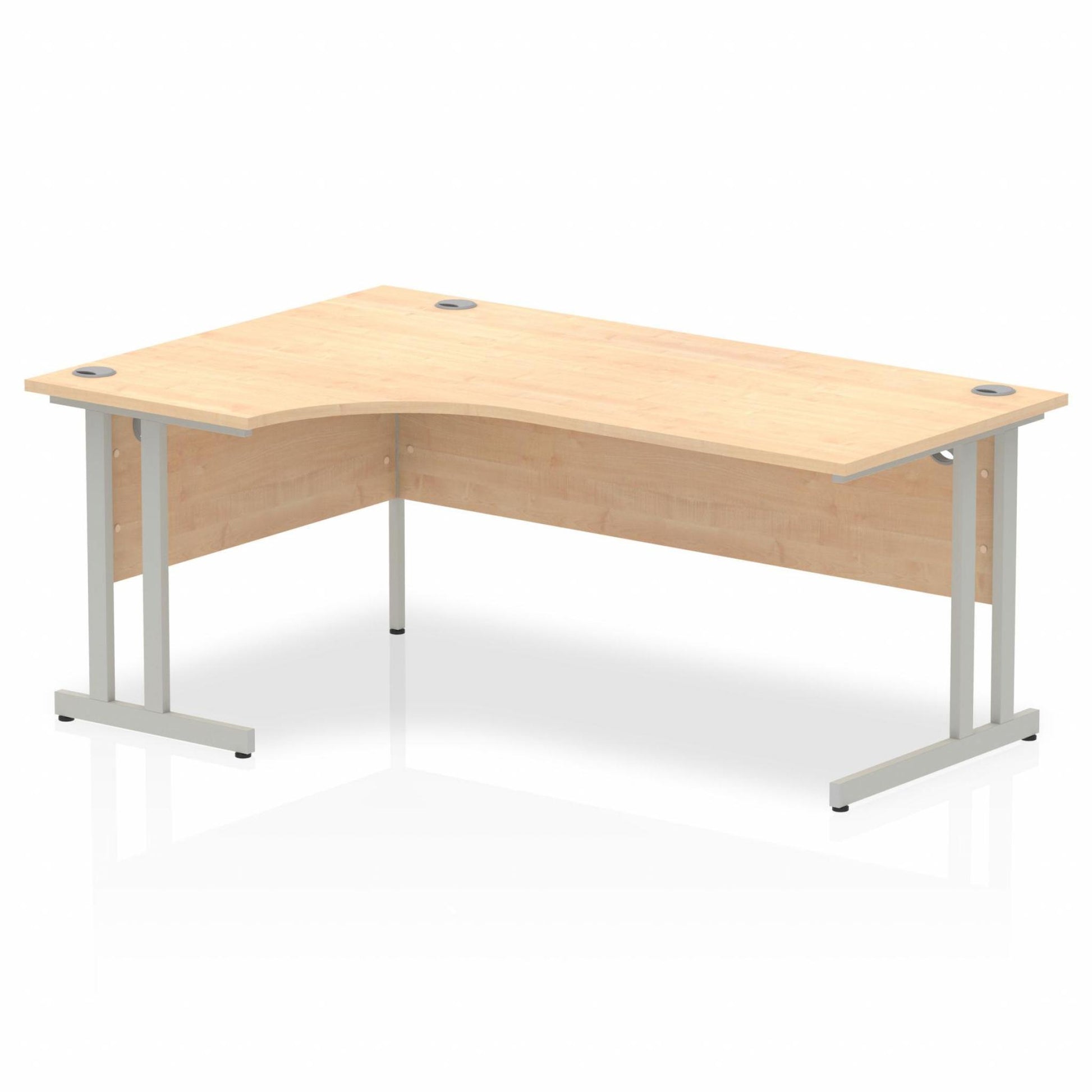 Maple L-shaped desk with drawers on a white background