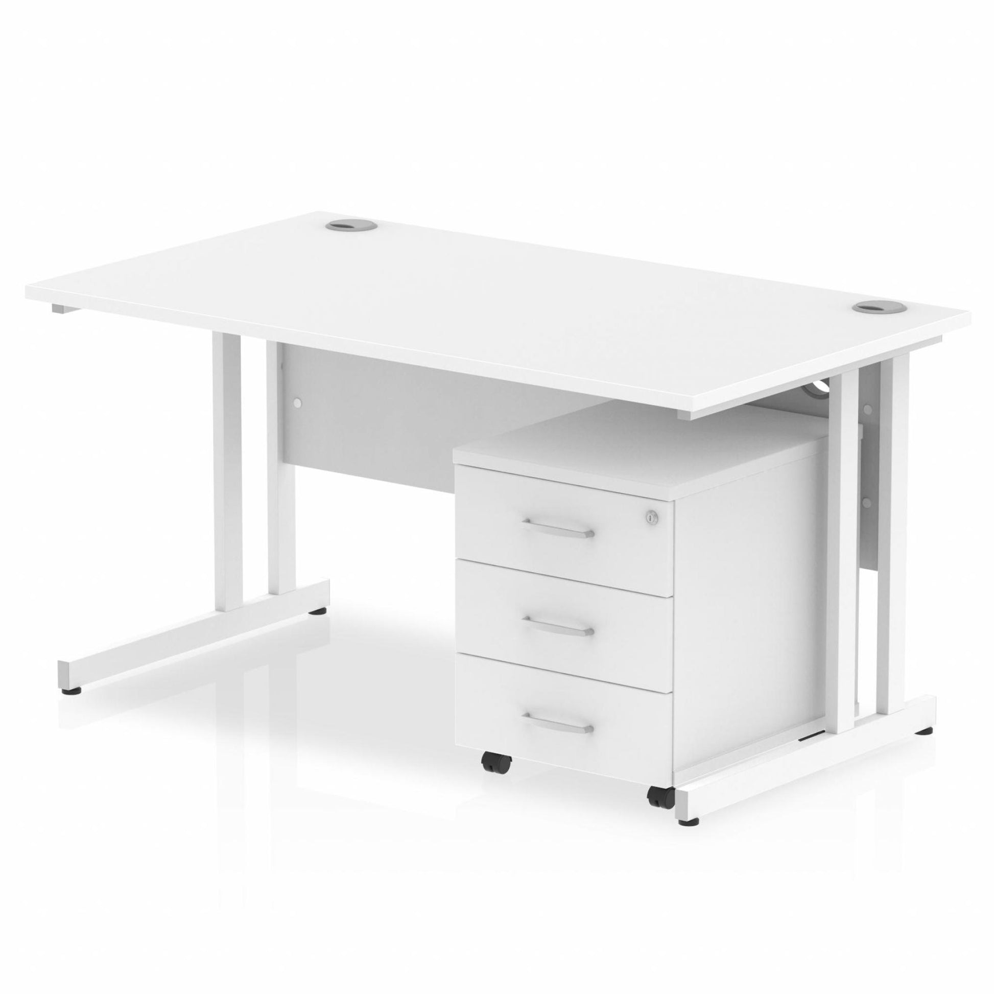 White straight desk with drawers on a white background