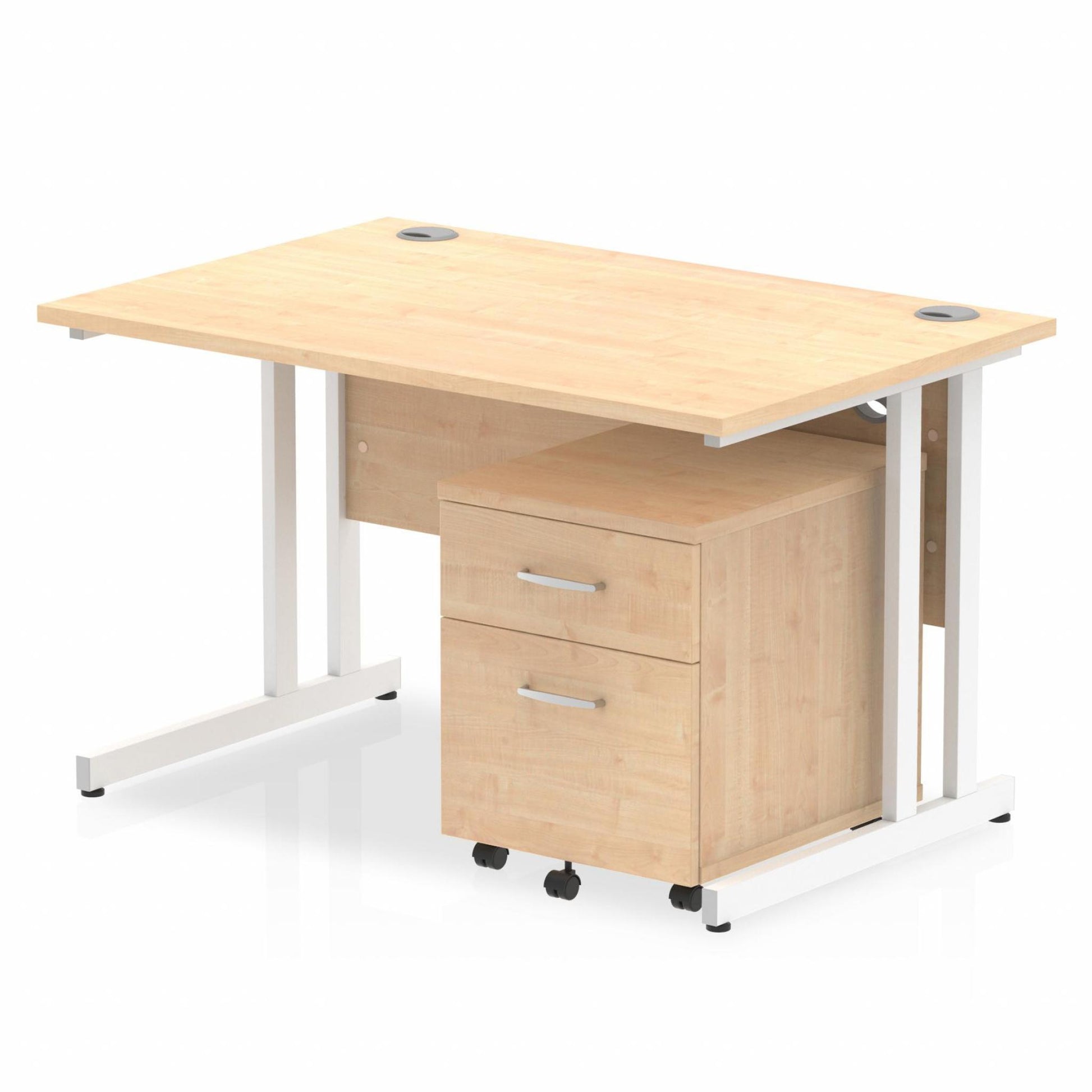 Maple straight desk with drawers on a white background