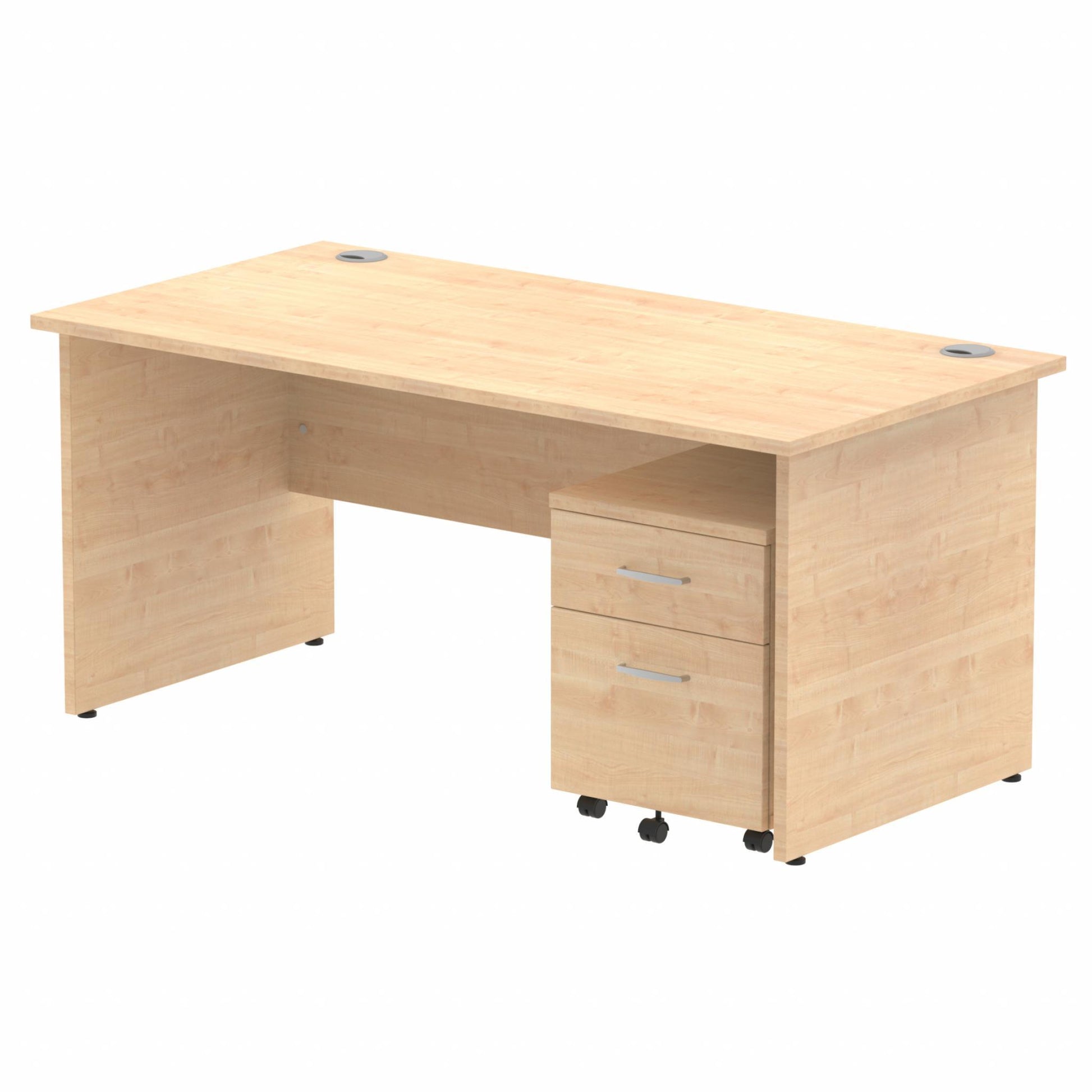 Maple straight desk with drawers on a white background