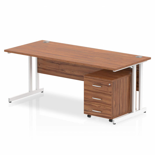 Impulse 1800x800mm Straight Desk, Walnut Top with White Cantilever Legs inc 3 Drawer Mobile Pedestal